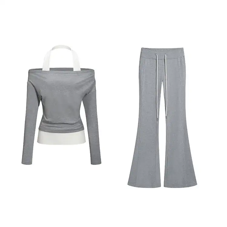 セットアップ トップス+カジュアルパンツ オフショルダー ストレッチパンツ グレー