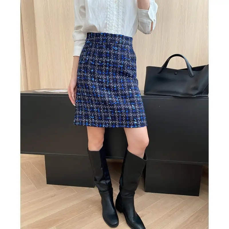 ボトムス スカート ツイード チェック柄 視線集中 ブルー