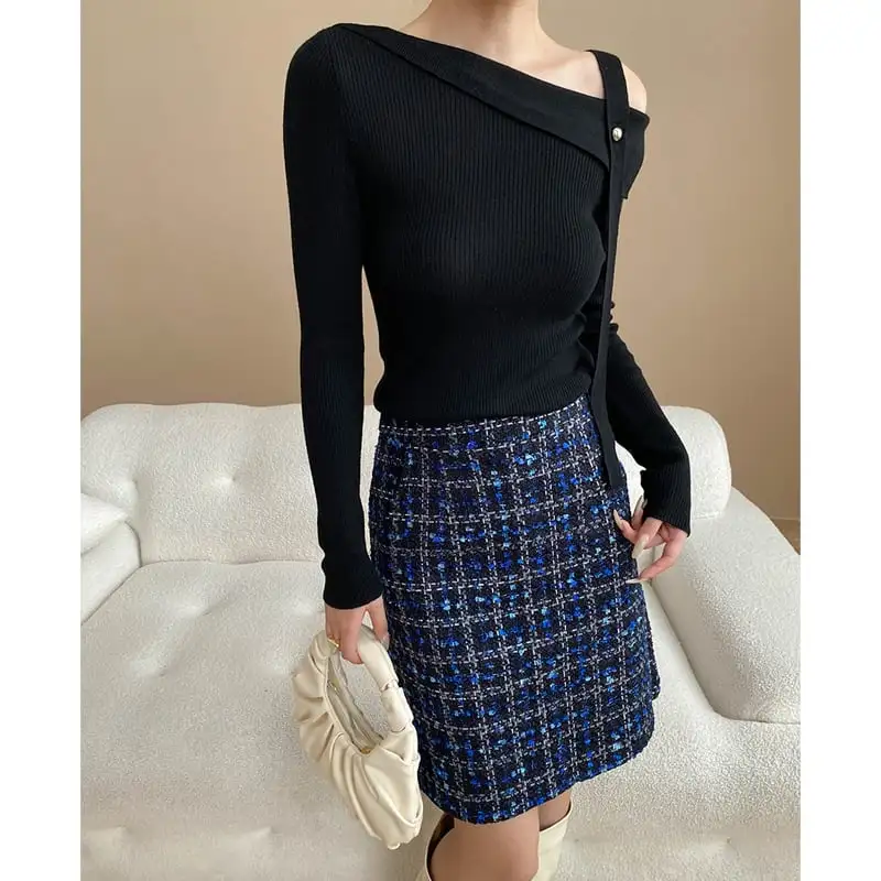 ボトムス スカート ツイード チェック柄 視線集中 ブルー