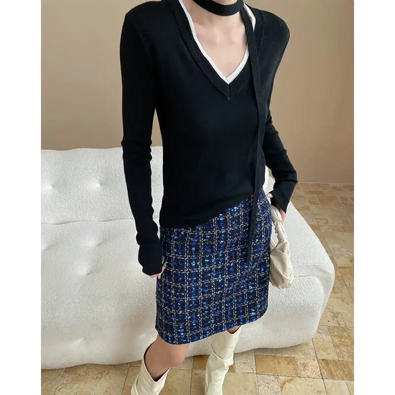 ボトムス スカート ツイード チェック柄 視線集中 ブルー