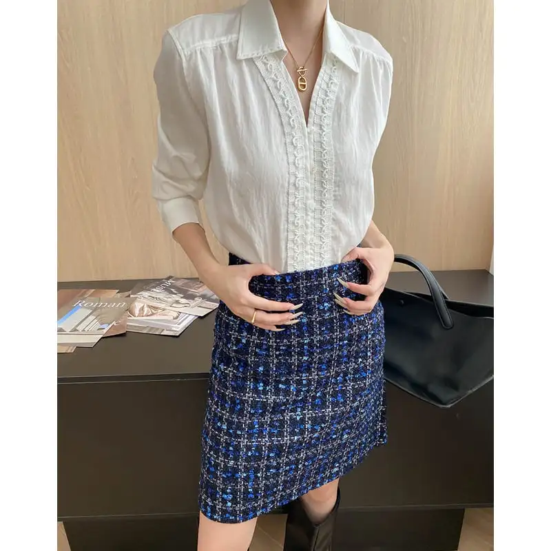 ボトムス スカート ツイード チェック柄 視線集中 ブルー