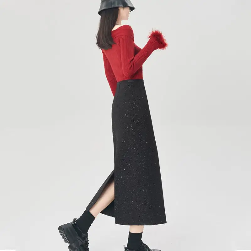 ボトムス スカート 2色展開 スパンコール バックスリット グレー ブラック