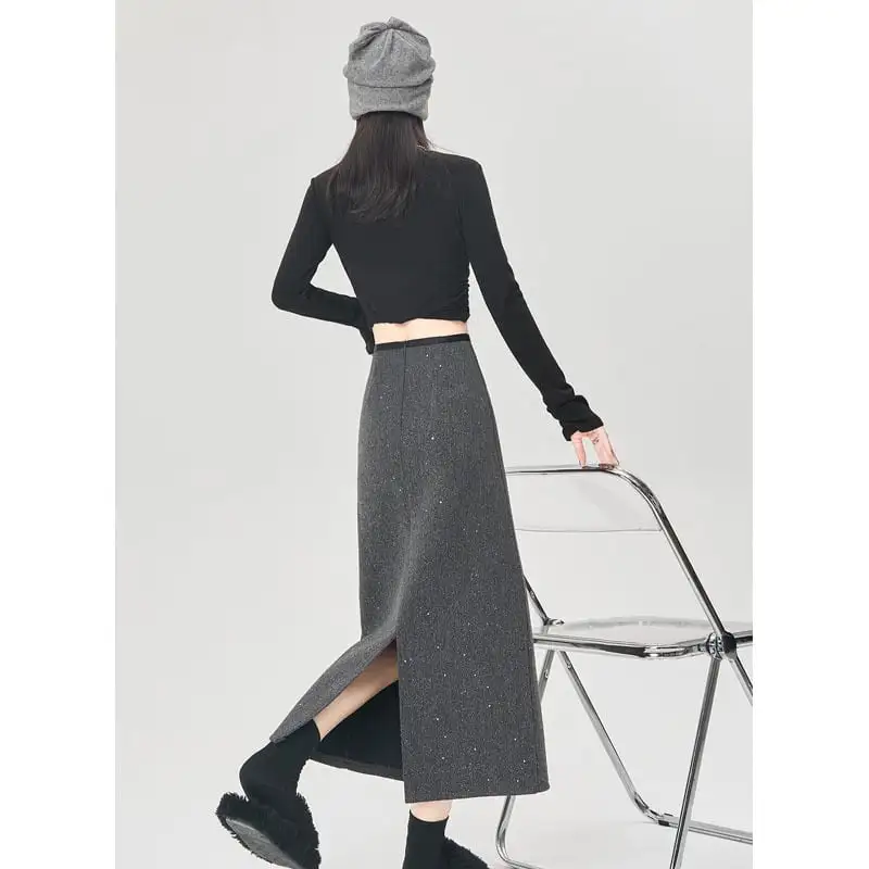 ボトムス スカート 2色展開 スパンコール バックスリット グレー ブラック