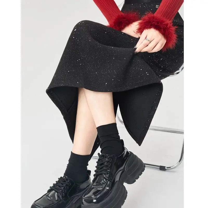 ボトムス スカート 2色展開 スパンコール バックスリット グレー ブラック