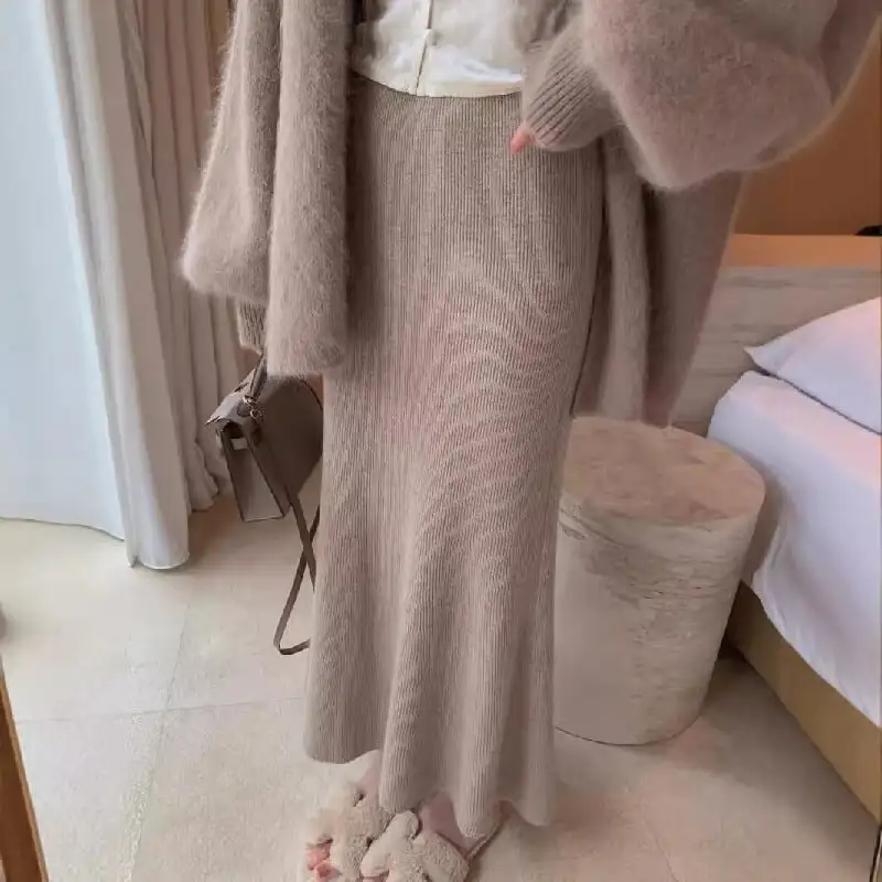 ボトムス スカート 3色展開 ニット エレガント コーヒー色 ベージュ ライトピンク