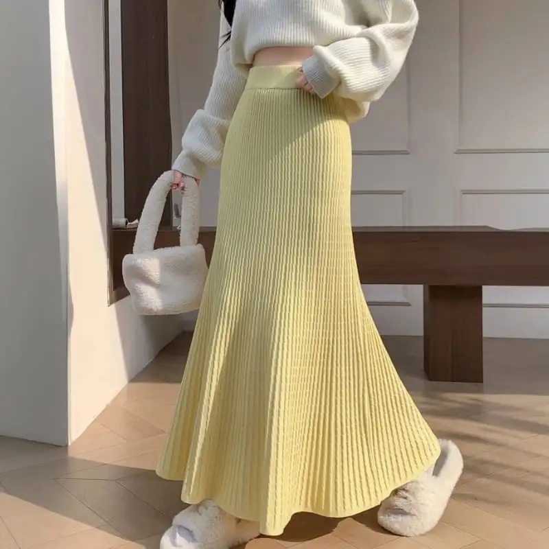 ボトムス スカート ニット ロング丈 フィッシュテール イエロー ベージュ ブラック