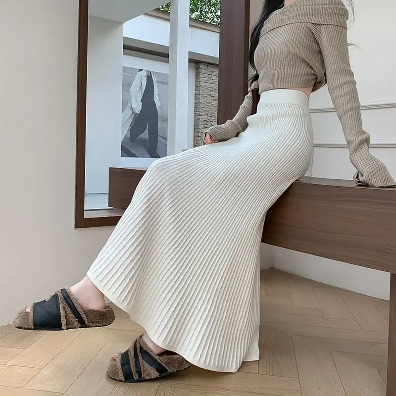 ボトムス スカート ニット ロング丈 フィッシュテール イエロー ベージュ ブラック