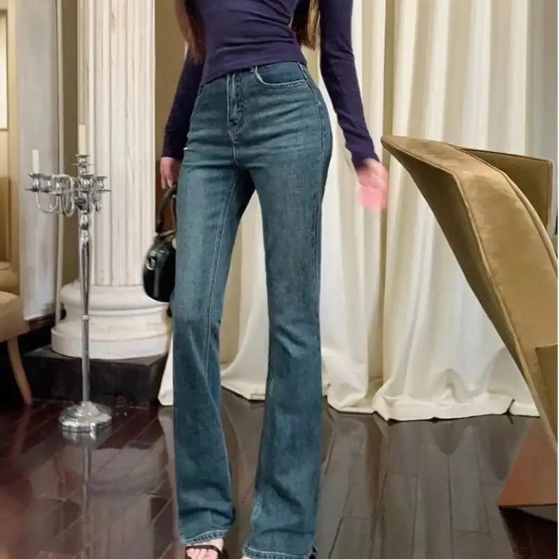 ボトムス 開きデニムパンツ ハイウエスト フレア ブルー