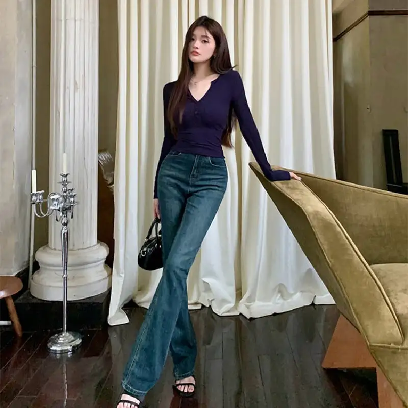 ボトムス 開きデニムパンツ ハイウエスト フレア ブルー