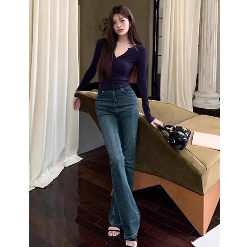 ボトムス 開きデニムパンツ ハイウエスト フレア ブルー