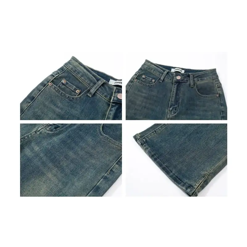 ボトムス 開きデニムパンツ ハイウエスト フレア ブルー