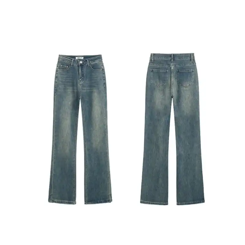 ボトムス 開きデニムパンツ ハイウエスト フレア ブルー