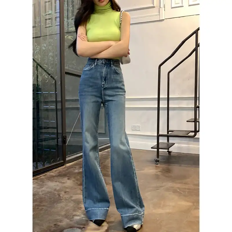 ボトムス デニムパンツ 縦長効果 ワイドレッグパンツ ブルー S M L XL