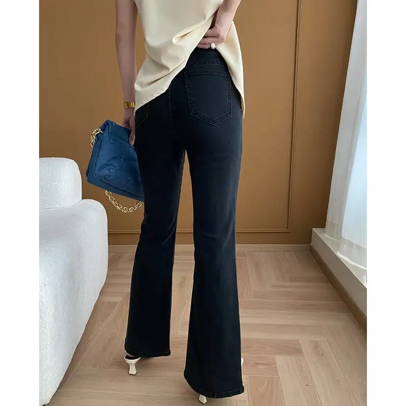 ボトムス デニムパンツ ハイウエスト 前スリット ブラック