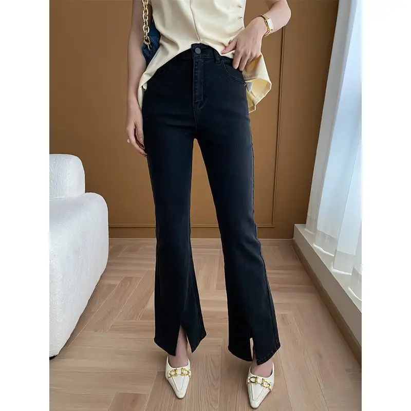 ボトムス デニムパンツ ハイウエスト 前スリット ブラック