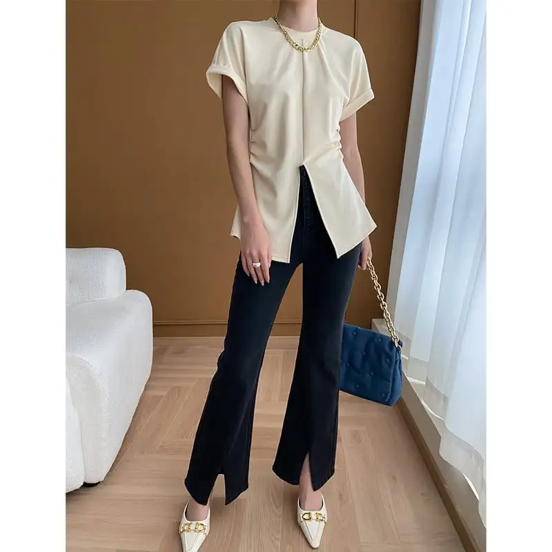 ボトムス デニムパンツ ハイウエスト 前スリット ブラック