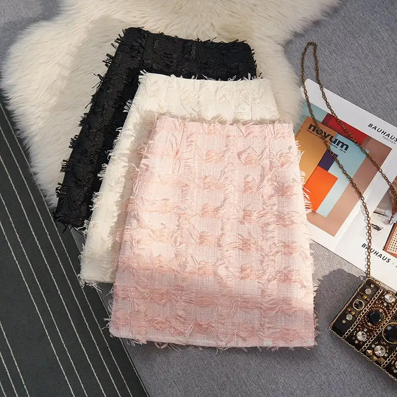 ボトムス スカート 3色展開 ミニスカート ハイウエスト タッセル ブラック ベージュ ピンク