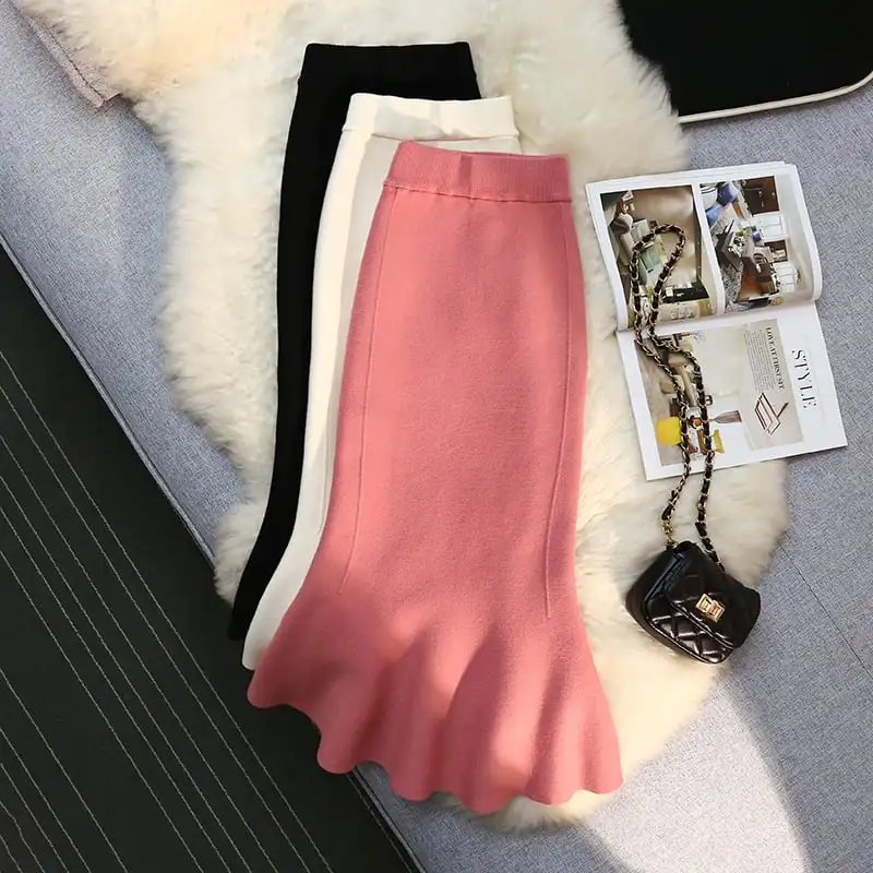 ボトムス スカート 3色展開 ニット ドマーメイドスカート ピンク ベージュ ブラック