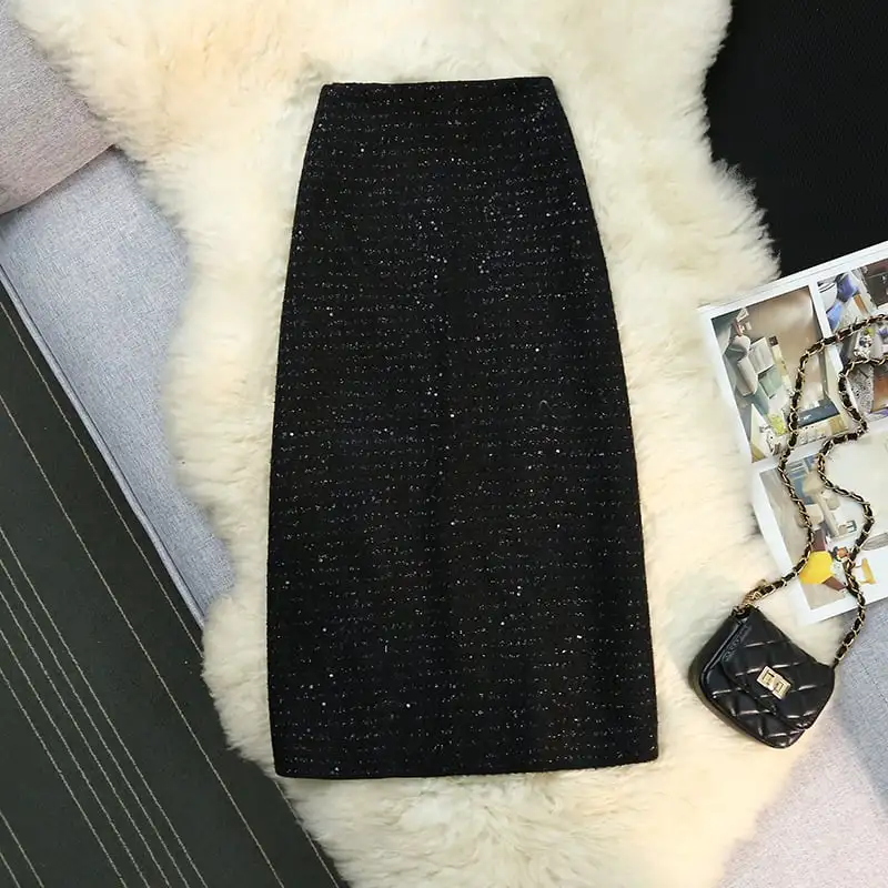 ボトムス スカート 2色展開 スパンコール バックスリット ツイード ホワイト ブラック