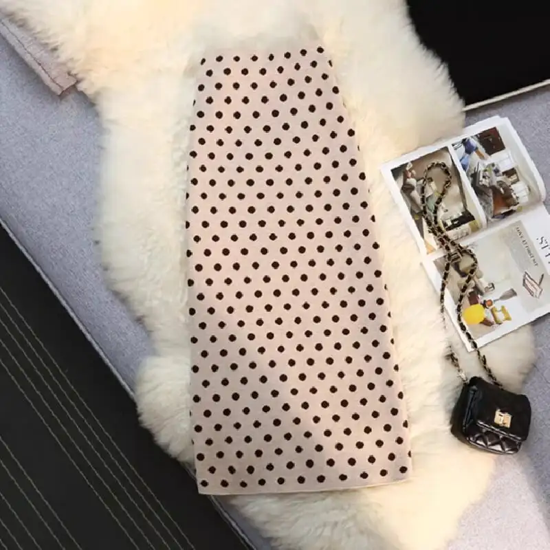 ボトムス スカート 3色展開 ニット ドット柄 スリット ブラック ダークベージュ コーヒー色