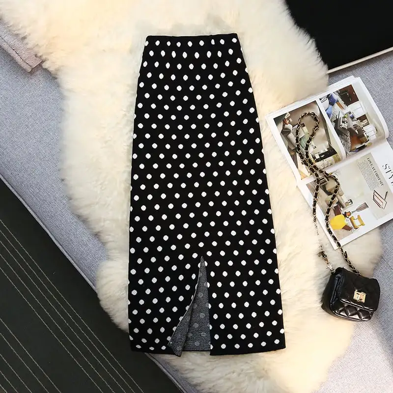 ボトムス スカート 3色展開 ニット ドット柄 スリット ブラック ダークベージュ コーヒー色