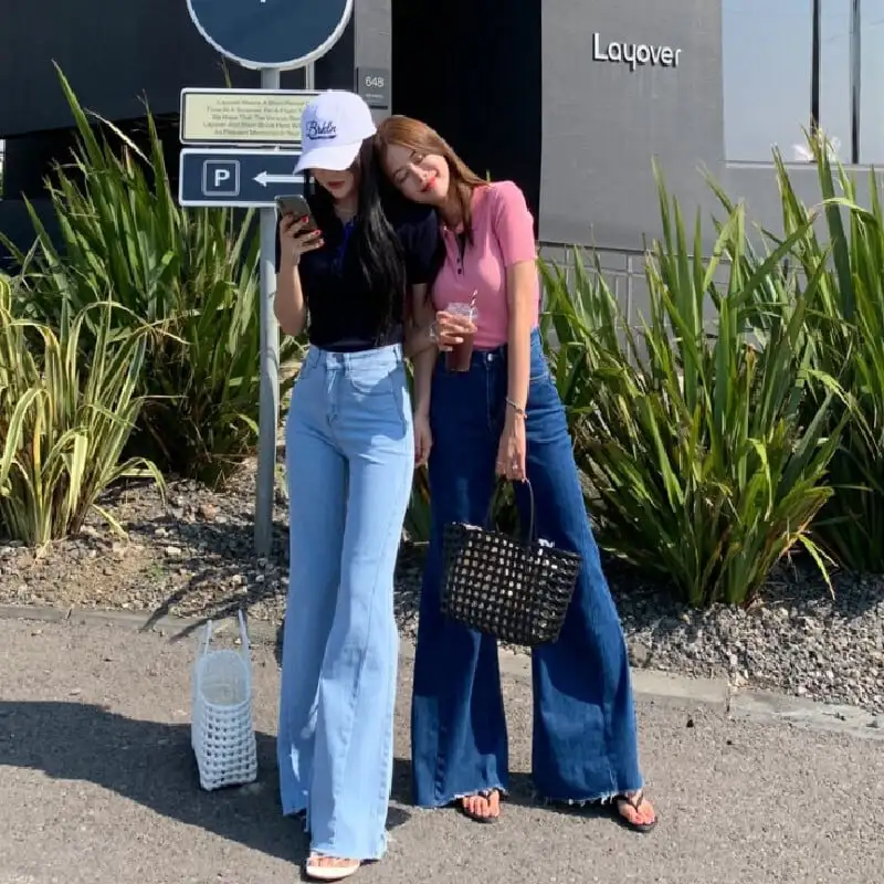 ボトムス デニムパンツ 2色展開 ベルボトム ハイウエスト ダークブルー ライトブルー