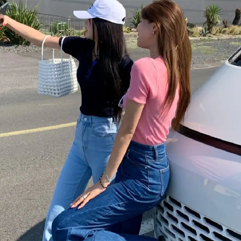 ボトムス デニムパンツ 2色展開 ベルボトム ハイウエスト ダークブルー ライトブルー