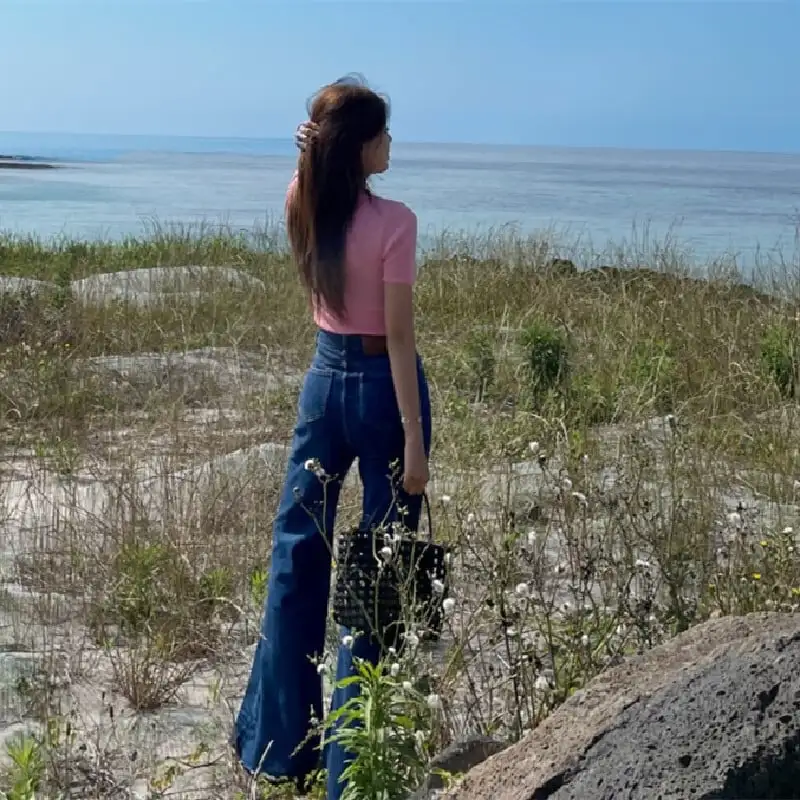 ボトムス デニムパンツ 2色展開 ベルボトム ハイウエスト ダークブルー ライトブルー