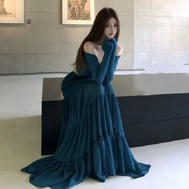 セットアップ トップス+スカート ボートネックデザイン 無地 ブルー