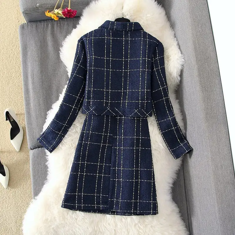 セットアップ 気質満点 通勤 ジャケット+ワンピース ゆったり ツイード チェック柄 ダークブルー