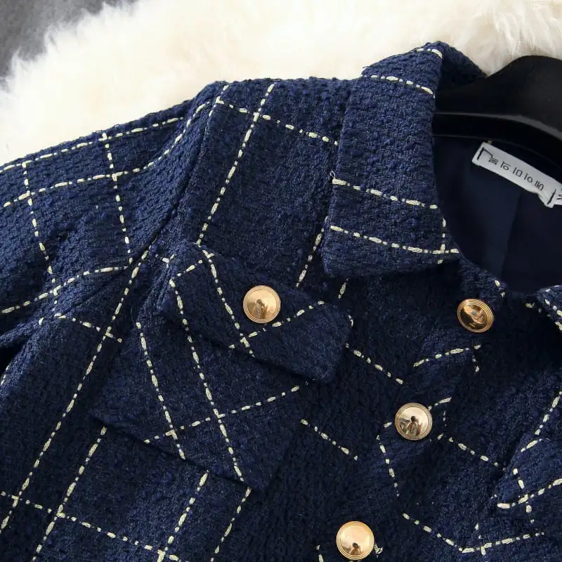 セットアップ 気質満点 通勤 ジャケット+ワンピース ゆったり ツイード チェック柄 ダークブルー