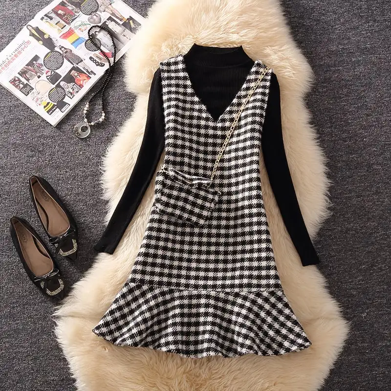 セットアップ トップス+ワンピース 2点セット ニット 千鳥格子 ブラック ブラウン