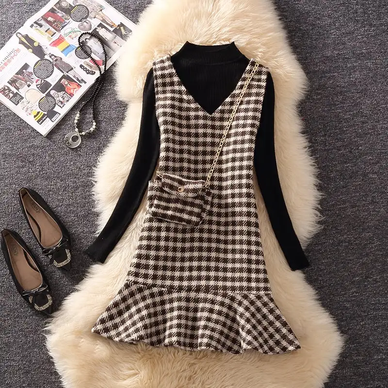 セットアップ トップス+ワンピース 2点セット ニット 千鳥格子 ブラック ブラウン