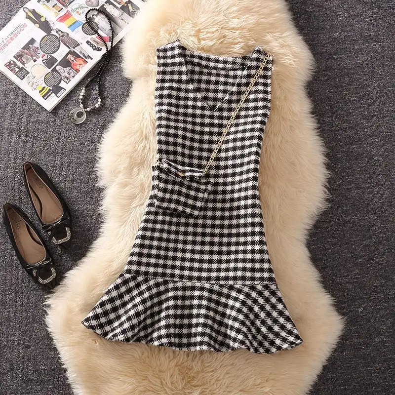 セットアップ トップス+ワンピース 2点セット ニット 千鳥格子 ブラック ブラウン