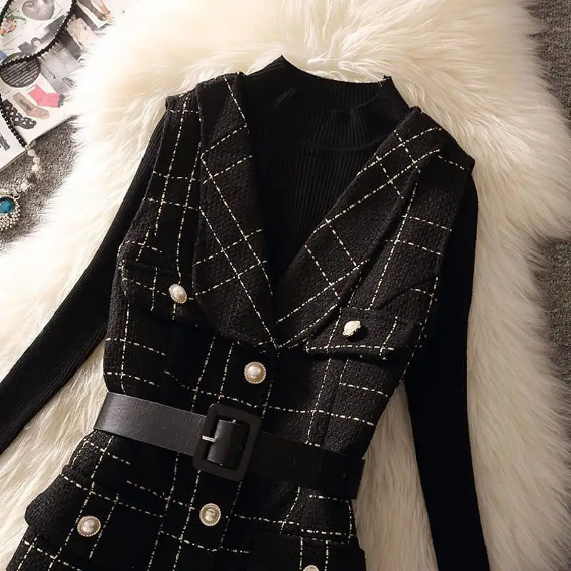 セットアップ トップス+ベストワンピース ニット パールボタン チェック柄 ブラック