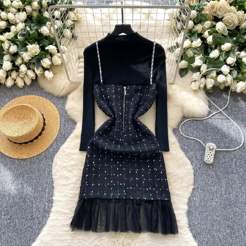 セットアップ トップス+ベストワンピース チェック柄 メッシュ ブラック