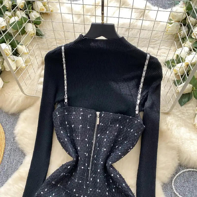 セットアップ トップス+ベストワンピース チェック柄 メッシュ ブラック