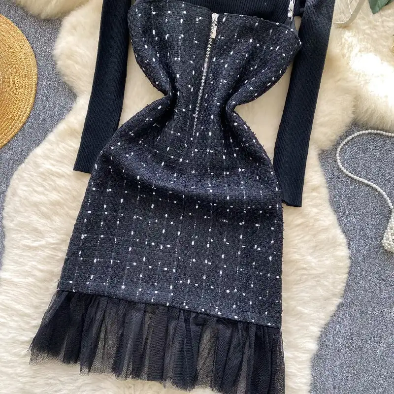 セットアップ トップス+ベストワンピース チェック柄 メッシュ ブラック