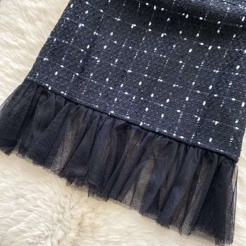 セットアップ トップス+ベストワンピース チェック柄 メッシュ ブラック