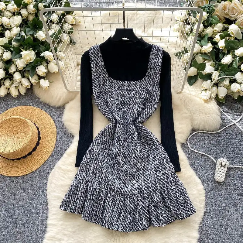 セットアップ トップス+ベストワンピース スクエアネック ペプラム ブラック+グレー