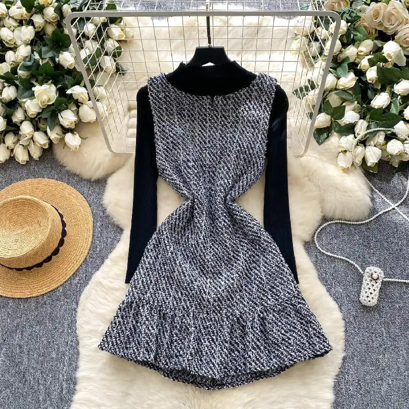 セットアップ トップス+ベストワンピース スクエアネック ペプラム ブラック+グレー