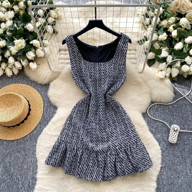 セットアップ トップス+ベストワンピース スクエアネック ペプラム ブラック+グレー