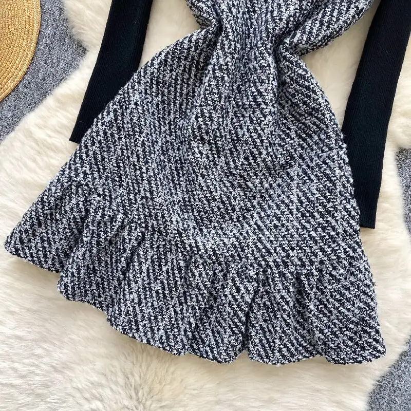 セットアップ トップス+ベストワンピース スクエアネック ペプラム ブラック+グレー