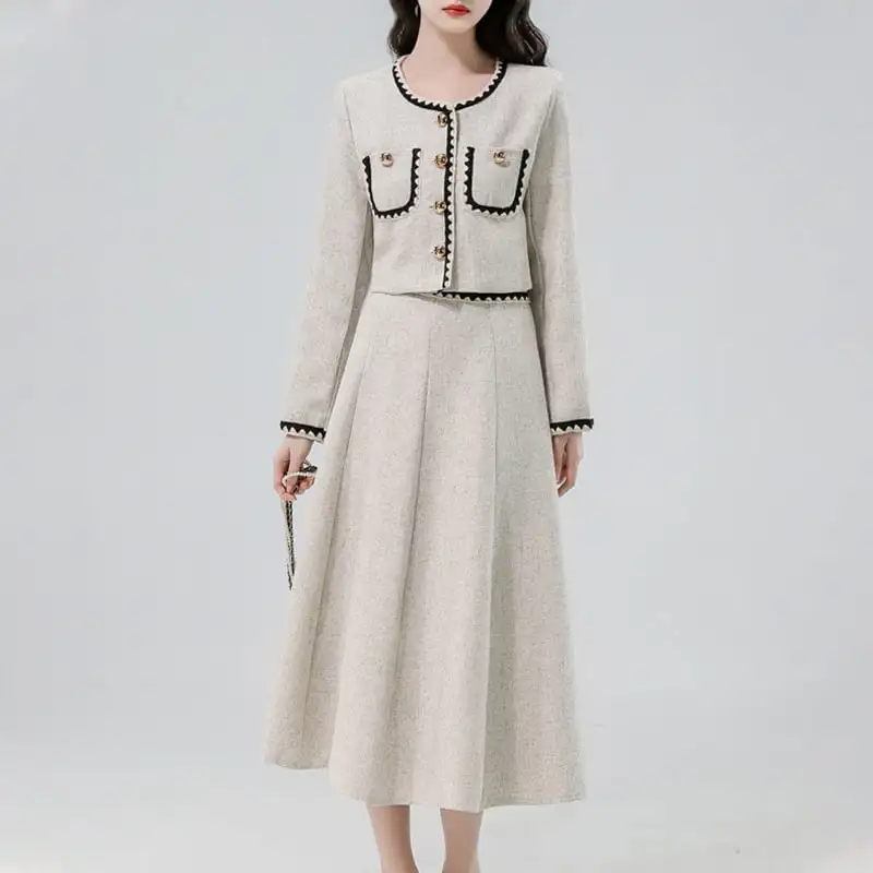 セットアップ トップス+スカート ラウンドネック 通勤 ライトグレー ブラック