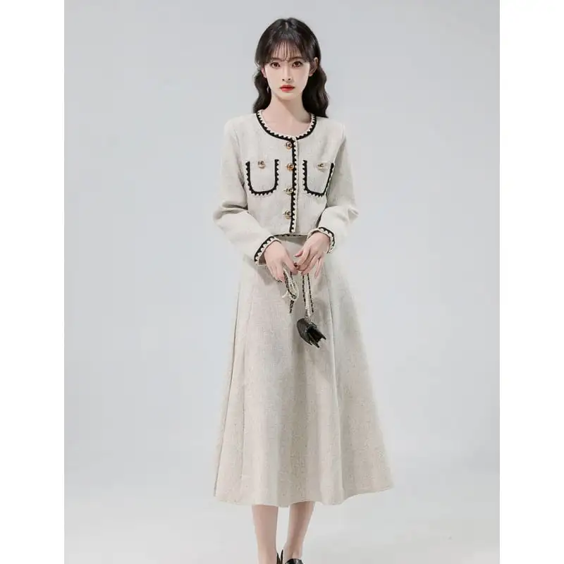 セットアップ トップス+スカート ラウンドネック 通勤 ライトグレー ブラック