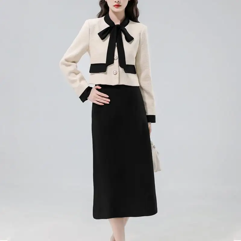 セットアップ トップス+スカート リボン エレガント ベージュ+ブラック