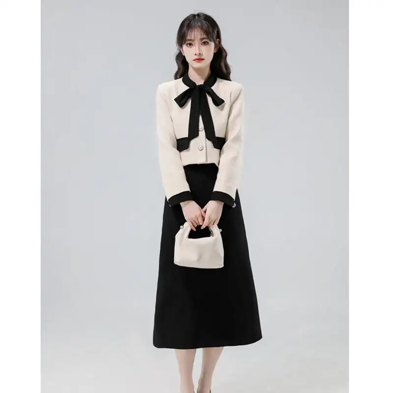 セットアップ トップス+スカート リボン エレガント ベージュ+ブラック