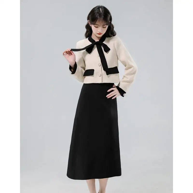 セットアップ トップス+スカート リボン エレガント ベージュ+ブラック