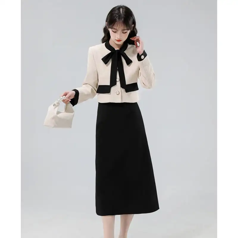 セットアップ トップス+スカート リボン エレガント ベージュ+ブラック