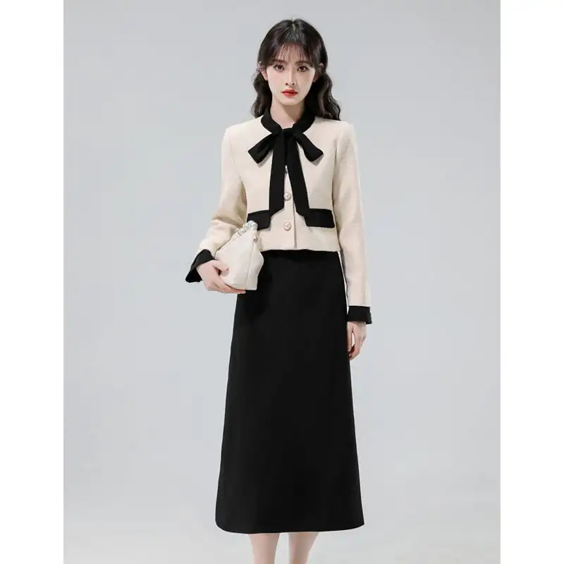 セットアップ トップス+スカート リボン エレガント ベージュ+ブラック